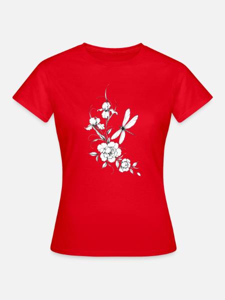 Blumen und Libell Schwarzweiß - Frauen T-Shirt - Rot