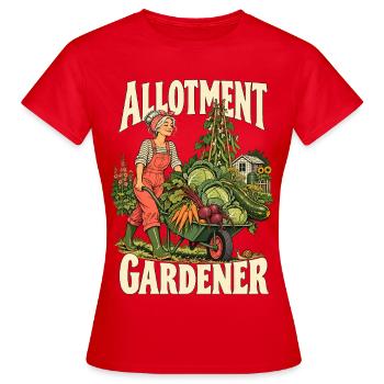Ein Latzhosen mit einer Schubkarre voller Gemüse - Frauen T-Shirt - Rot - Vorne - AI Model Female 172 dark (172cm)