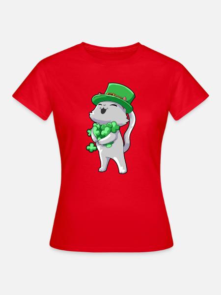 Katze Kleeblatt Glück - Frauen T-Shirt - Rot