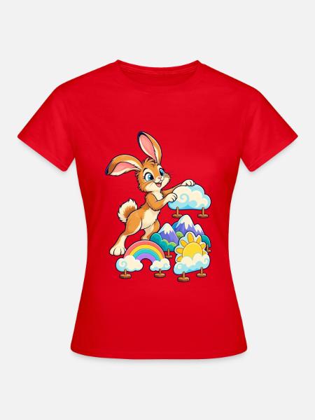 Fröhlicher Hase über Regenbogenlandschaft - Frauen T-Shirt - Rot