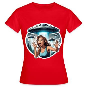 Alien Invasion: Frau rennt um ihr Leben - Frauen T-Shirt - Rot - Vorne - AI Model Female 172 dark (172cm)