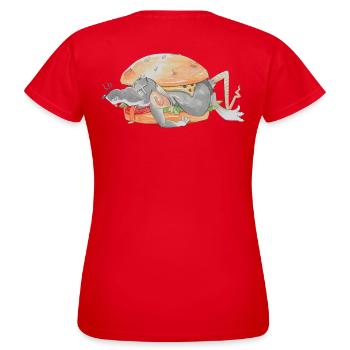 Ratfoodz' I can haz Ratzburger (Backprint) @ Ratz - Frauen T-Shirt - Rot - Hinten - AI Model Female 172 dark (172cm)