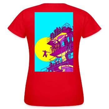 Pop Art Sprungturm Neon - Frauen T-Shirt - Rot - Hinten - AI Model Female 172 dark (172cm)