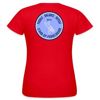 SUP Life – Stand Up Paddelboard Badge in Blau - Frauen T-Shirt - Rot - Hinten - AI Model Female 172 dark (172cm)