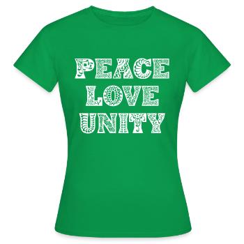 Friede Liebe Einheit - Frauen T-Shirt - Kelly Green - Vorne - AI Model Female 172 dark (172cm)