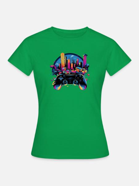 Gaming Universe: Controller & Cityscape Art - Frauen T-Shirt - Kelly Green