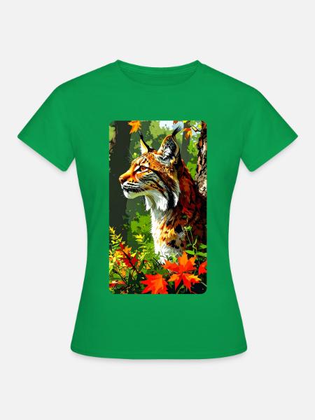 Luchs im Wald im Herbstlaub (Blick nach Links) - Frauen T-Shirt - Kelly Green