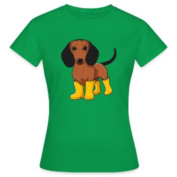 Cute dachshund in yellow rubber boots, cartoon - Women's T-Shirt - kelly green - Front - AI Model Female 172 dark (172cm)