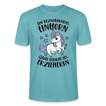 Bezauberndes Einhorn Clever Getarnt als Erzieherin - Stanley/Stella Unisex Bio-T-Shirt CRAFTER - Pastelltürkis - Vorne - Alina (178cm) & Michal (187cm)