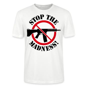 Arrêtez la folie! (Panneau d’interdiction des armes 2C) - T-shirt bio CRAFTER Stanley Stella Unisexe - blanc - Devant - Alina (178cm) & Michal (187cm)