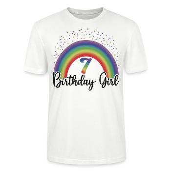 Mignon Rainbow 7 Birthday Girl, 8 ans B-day - T-shirt bio CRAFTER Stanley Stella Unisexe - blanc - Devant - Alina (178cm) & Michal (187cm)