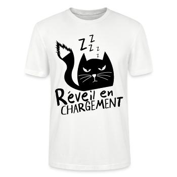 Chat grognon, réveil en chargement ! humour - T-shirt bio CRAFTER Stanley Stella Unisexe - blanc - Devant - Alina (178cm) & Michal (187cm)