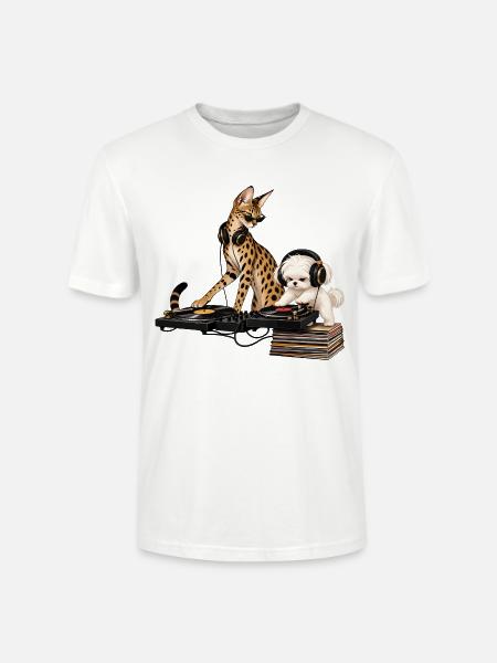 Malteser und Savannah-Katze als DJ-Duo - Stanley/Stella Unisex Bio-T-Shirt CRAFTER - Weiß