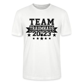 Team Traumhaus 2023 Hausbau Bauherren - Stanley/Stella Unisex Bio-T-Shirt CRAFTER - Weiß - Vorne - Alina (178cm) & Michal (187cm)