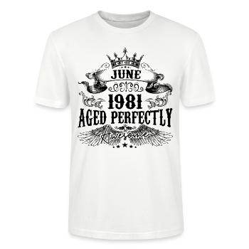 1981 | June Aged Perfectly 1981 Geburtstagsgeschenk - Stanley/Stella Unisex Bio-T-Shirt CRAFTER - Weiß - Vorne - Alina (178cm) & Michal (187cm)