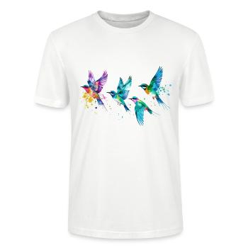 oiseaux, oiseaux colorés, vol, illustration, oiseau - T-shirt bio CRAFTER Stanley Stella Unisexe - blanc - Devant - Alina (178cm) & Michal (187cm)