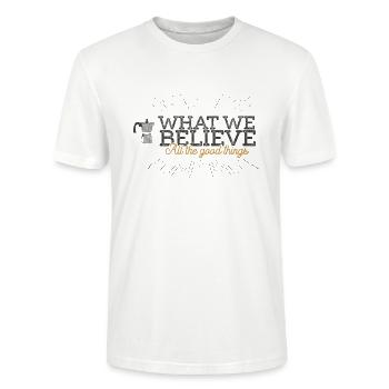 What We Believe shop logo - Stanley/Stella CRAFTER Unisex Organic T-Shirt - white - Front - Alina (178cm) & Michal (187cm)