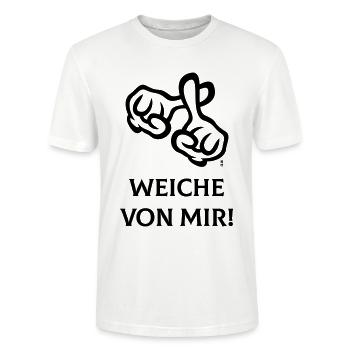 Weiche Von Mir! (Kreuz / Bibel / Religion / 1C) - Stanley/Stella Unisex Bio-T-Shirt CRAFTER - Weiß - Vorne - Alina (178cm) & Michal (187cm)