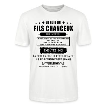 Je suis un fils chanceux elle est têtue, bordéliq - T-shirt bio CRAFTER Stanley Stella Unisexe - blanc - Devant - Alina (178cm) & Michal (187cm)
