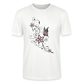 Vrille de filigrane avec papillon et fleurs. - T-shirt bio CRAFTER Stanley Stella Unisexe - blanc - Devant - Alina (178cm) & Michal (187cm)