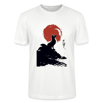 Red Sun Kitsune – Japanische Fuchskunst Sumi-e - Stanley/Stella Unisex Bio-T-Shirt CRAFTER - Weiß - Vorne - Alina (178cm) & Michal (187cm)