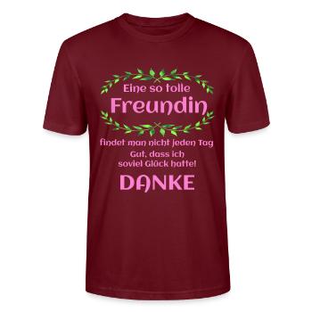 Danke Freundin Glück gehabt Geschenkidee - Stanley/Stella Unisex Bio-T-Shirt CRAFTER - Burgunderrot - Vorne - Alina (178cm) & Michal (187cm)