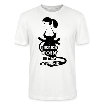 strenge Domina mit Peitsche - lustige Sprüche - Stanley/Stella Unisex Bio-T-Shirt CRAFTER - Weiß - Vorne - Alina (178cm) & Michal (187cm)