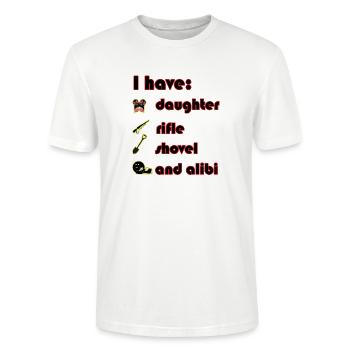 Ich habe Tochter, Gewehr, Schaufel und Alibi. - Stanley/Stella Unisex Bio-T-Shirt CRAFTER - Weiß - Vorne - Alina (178cm) & Michal (187cm)