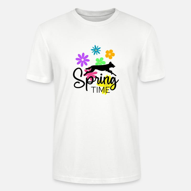Frühlingsdesign - springender Hund und Blumen - Stanley/Stella Unisex Bio-T-Shirt CRAFTER - Weiß