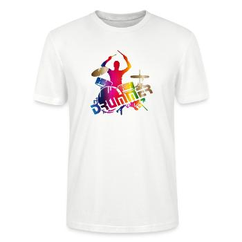 farbenfroher Schlagzeuger sitzt am Schlagzeug - Stanley/Stella Unisex Bio-T-Shirt CRAFTER - Weiß - Vorne - Alina (178cm) & Michal (187cm)