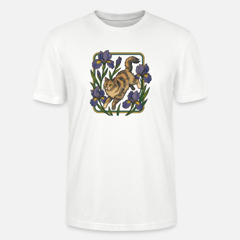 Chat élégant parmi les fleurs d'iris - T-shirt bio CRAFTER Stanley Stella Unisexe - blanc