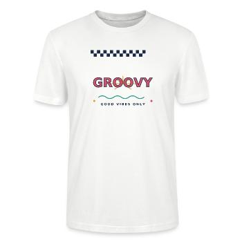 Nur groovy-Good_Vibes, Retro Y2K Typografie - Stanley/Stella Unisex Bio-T-Shirt CRAFTER - Weiß - Vorne - Alina (178cm) & Michal (187cm)