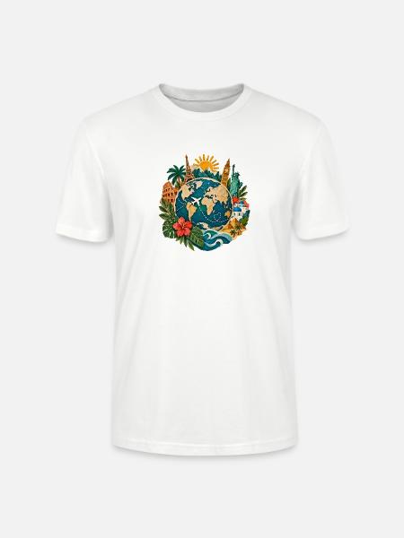 Weltreise Globus mit Landmarken - Stanley/Stella Unisex Bio-T-Shirt CRAFTER - Weiß
