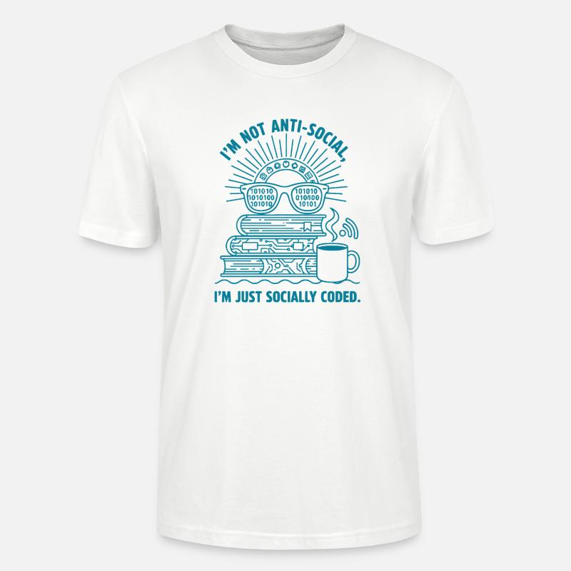 Socialement codé : livres, café et code - T-shirt bio CRAFTER Stanley Stella Unisexe - blanc