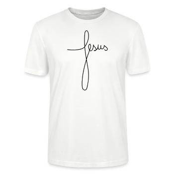 "Jesus" - Lettering (horizontal) - Stanley/Stella CRAFTER Unisex Organic T-Shirt - white - Front - Alina (178cm) & Michal (187cm)