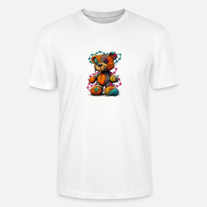Patchwork Teddybär mit Neonfäden - Stanley/Stella Unisex Bio-T-Shirt CRAFTER - Weiß
