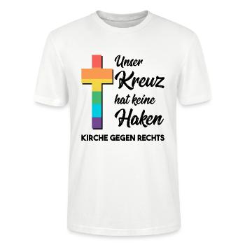 Unser Kreuz hat keine Haken - Kirche gegen Rechts  - Stanley/Stella Unisex Bio-T-Shirt CRAFTER - Weiß - Vorne - Alina (178cm) & Michal (187cm)