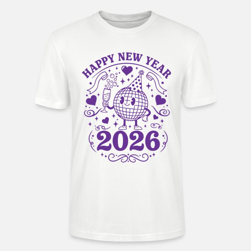 Joyeuse Année 2026 Célébration Globe Festive - T-shirt bio CRAFTER Stanley Stella Unisexe - blanc