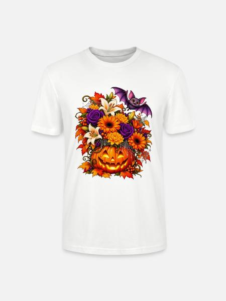 Halloween Kürbis mit Herbstblumen & Fledermaus - Stanley/Stella Unisex Bio-T-Shirt CRAFTER - Weiß