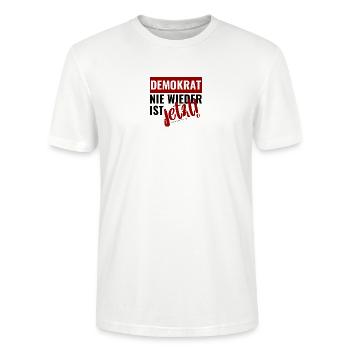 Mimikama Demokrat - Nie wieder ist jetzt - Stanley/Stella Unisex Bio-T-Shirt CRAFTER - Weiß - Vorne - Alina (178cm) & Michal (187cm)