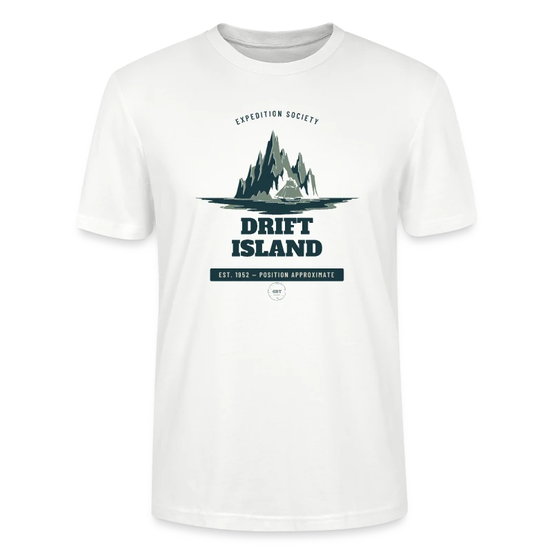 Drift Island badge on a stanley/stella crafter unisex organic t-shirt
