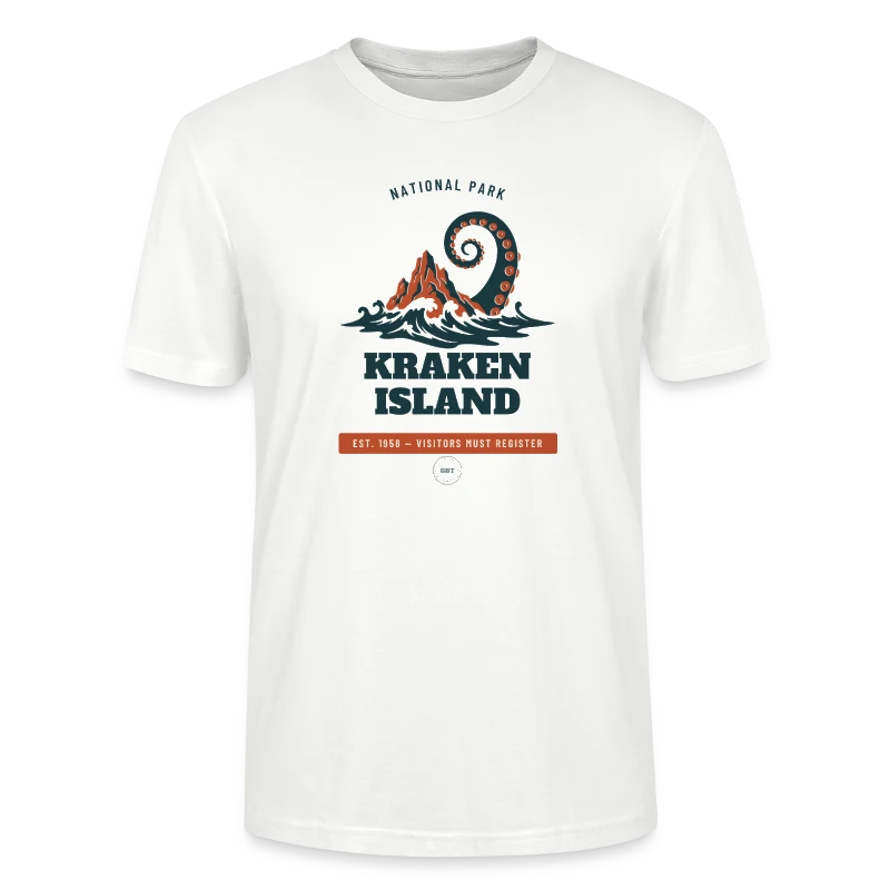 Kraken Island badge on a stanley/stella crafter unisex organic t-shirt