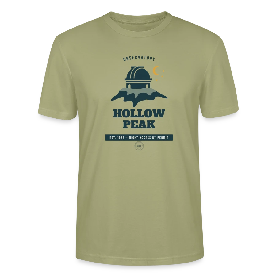 Hollow Peak badge on a stanley/stella crafter unisex organic t-shirt, sage, front