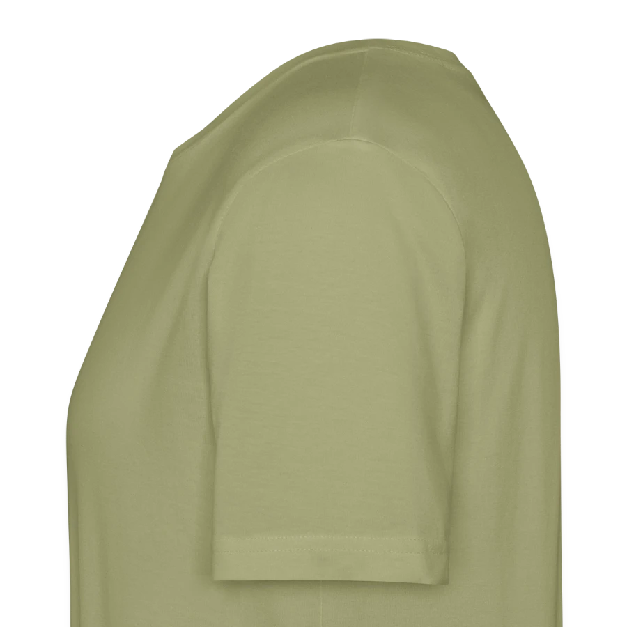 Hollow Peak badge on a stanley/stella crafter unisex organic t-shirt, sage, left