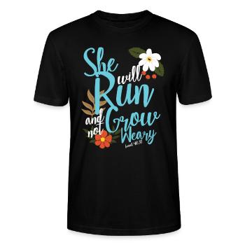 Christelijke Bijbeltekst ze zal rennen en groeien - Stanley/Stella Uniseks bio-T-shirt CRAFTER - zwart - Voor - Alina (178cm) & Michal (187cm)