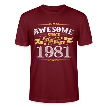 Birthday in February 1981 - Stanley/Stella CRAFTER Unisex Organic T-Shirt - burgundy - Front - Alina (178cm) & Michal (187cm)