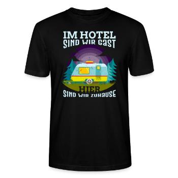 Wohnwagen Spruch im Hotel sind wir Gast Camper - Stanley/Stella Unisex Bio-T-Shirt CRAFTER - Schwarz - Vorne - Alina (178cm) & Michal (187cm)