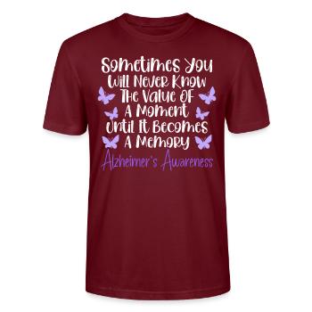 Sensibilisation à la maladie d’Alzheimer Démence ALZ - T-shirt bio CRAFTER Stanley Stella Unisexe - bordeaux - Devant - Alina (178cm) & Michal (187cm)