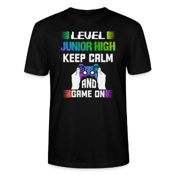 Level JUNIOR HIGH keep calm and game on - Stanley/Stella CRAFTER Unisex Organic T-Shirt - black - Front - Alina (178cm) & Michal (187cm)