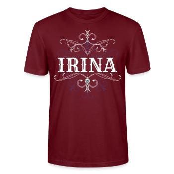 Irina Surname First name personalized - Stanley/Stella CRAFTER Unisex Organic T-Shirt - burgundy - Front - Alina (178cm) & Michal (187cm)